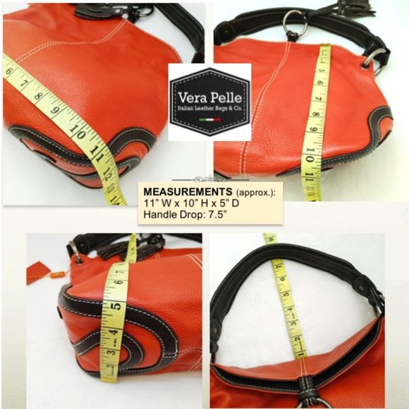 VERA PELLE Orange Leather Shoulder Satchel Bag Brown Trim Flaps w/ Tassels Zips - Picture 10 of 10